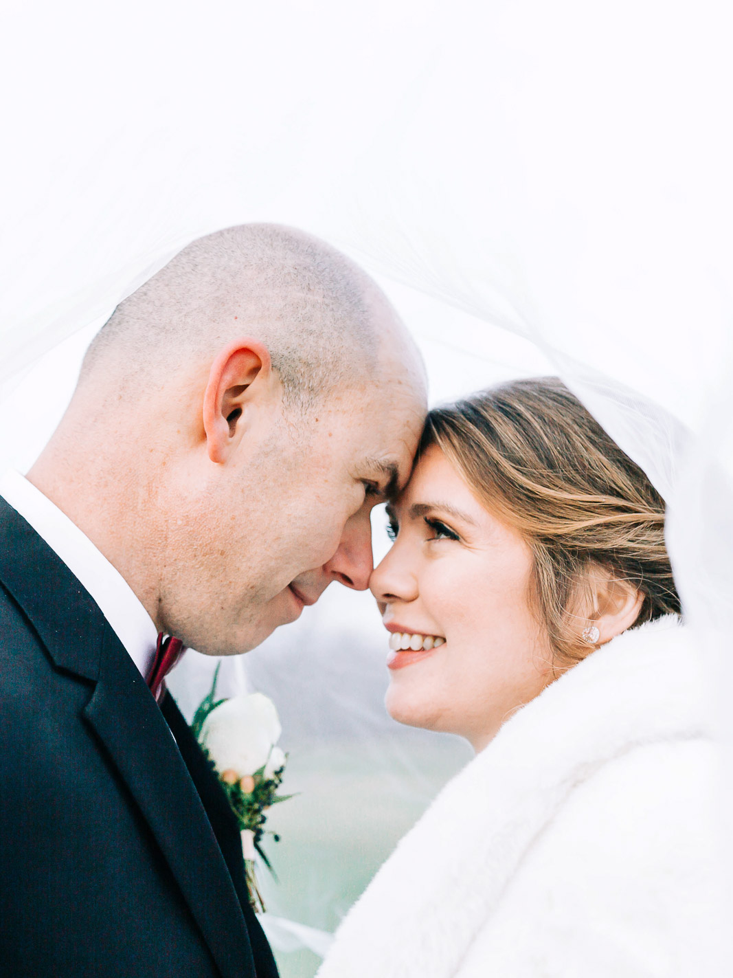 Bride and Groom Portrait forehead to forehead winter wedding