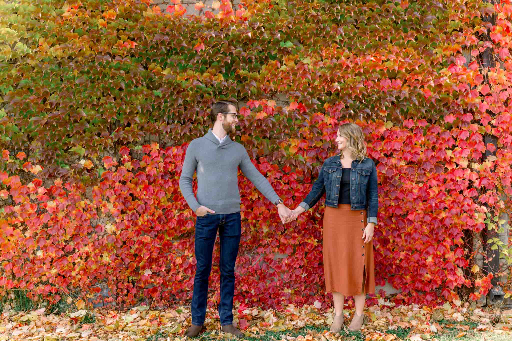 Fall engagement session couple holding hands in front of a wall with colored leaves of the wild vine 