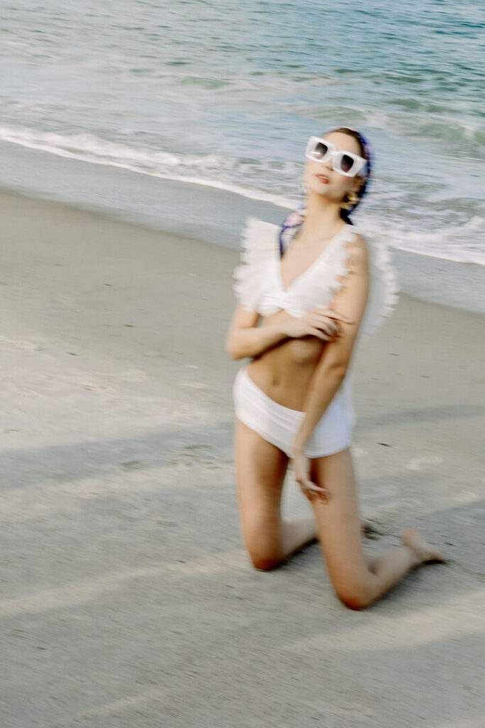 Michigan beach engagement session bride in Bikinis Ruffles Top and retro sunglasses