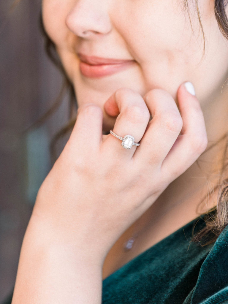 Rectangle emerald cut engagement ring from engagement session