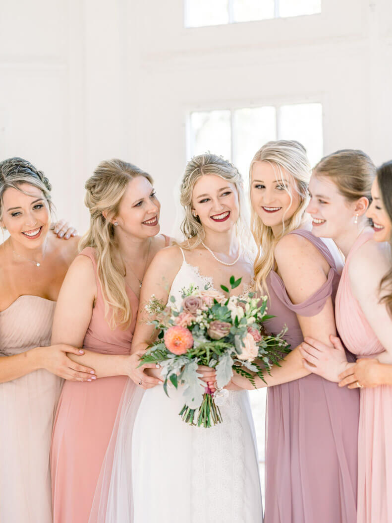 Pine Knob Mansion wedding bride and bridesmaids in blush dress