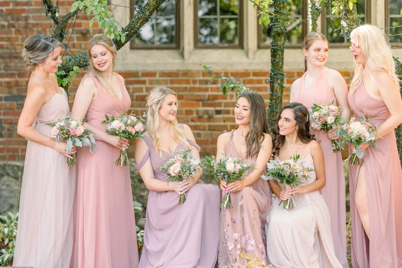 Pine Knob Mansion wedding bridesmaids in blush dresses