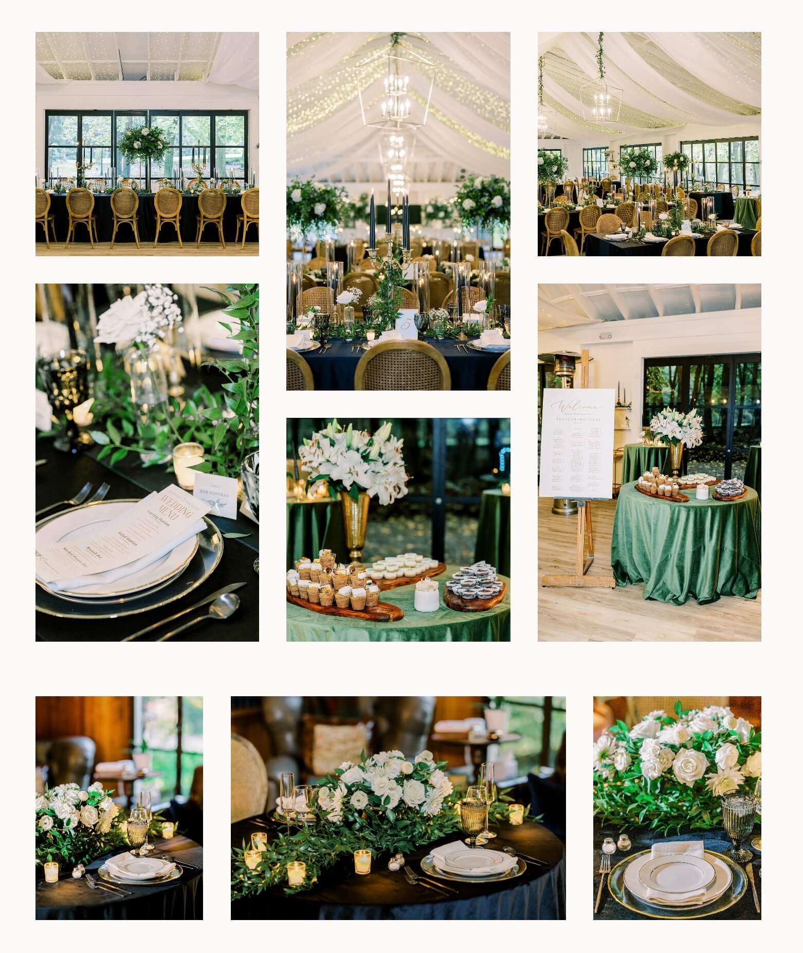 Greencrest Manor wedding reception decor emerald and gold color scheme
