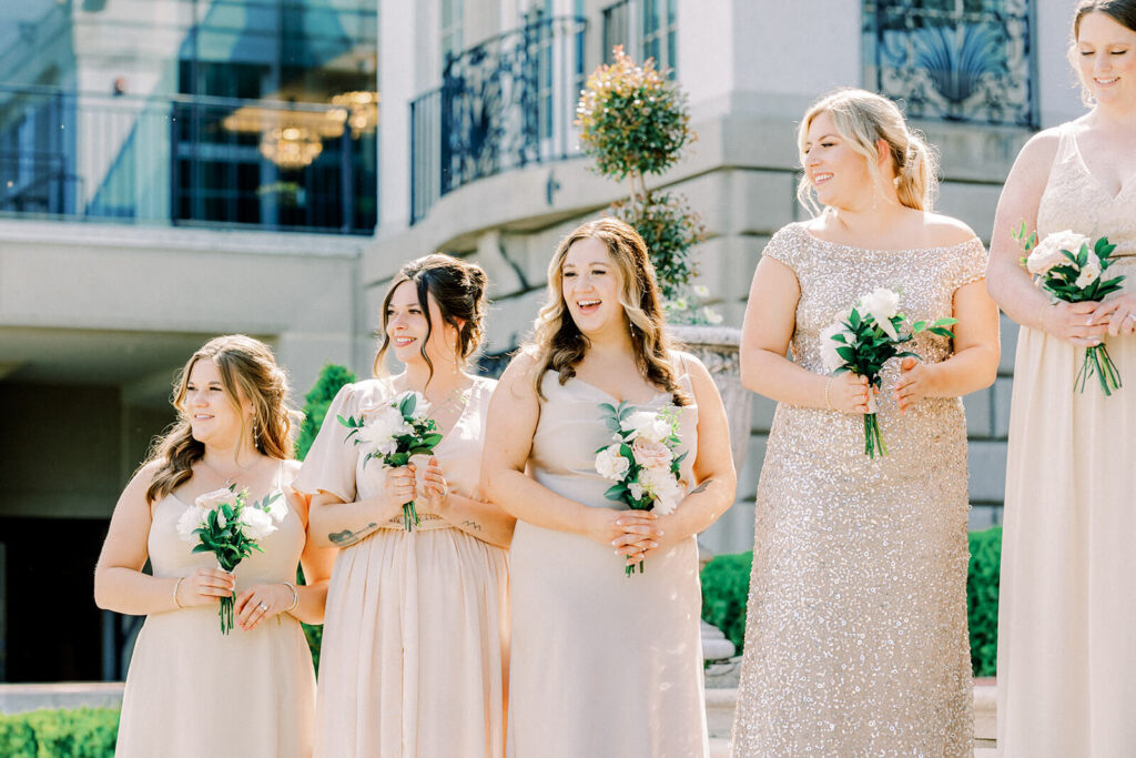 bridesmaids in blush at The Grosse Pointe War Memorial Wedding ceremony