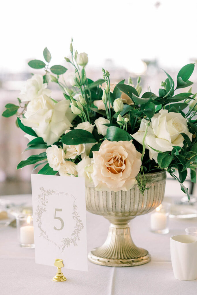 Grand Ballroom reception floral centerpiece and table number