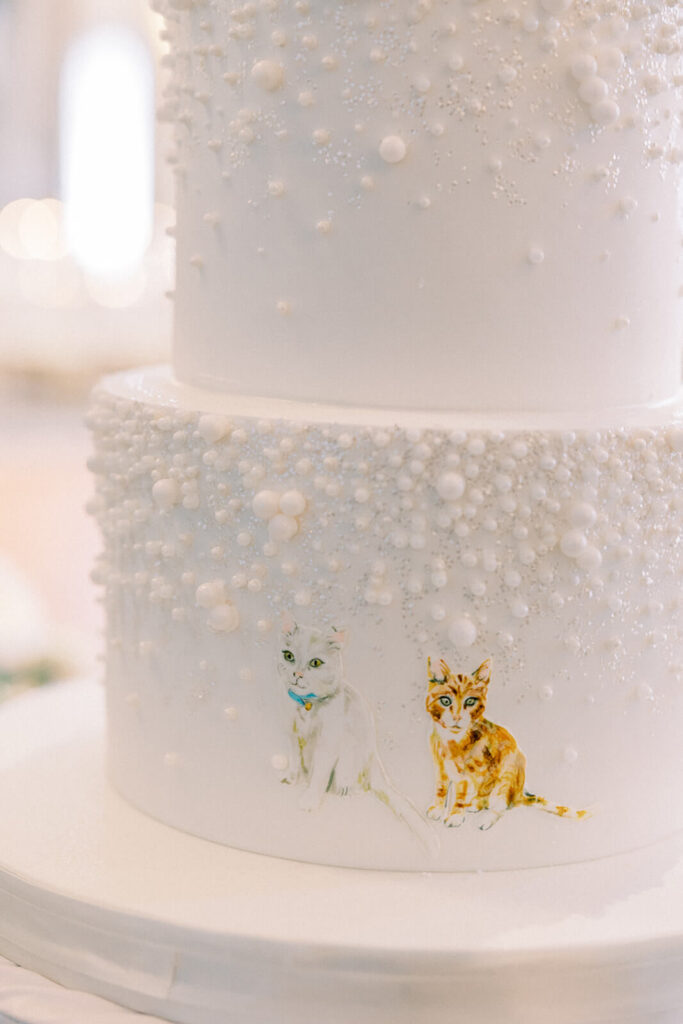 Custom Wedding Cake with Cat Portraits with pearl details