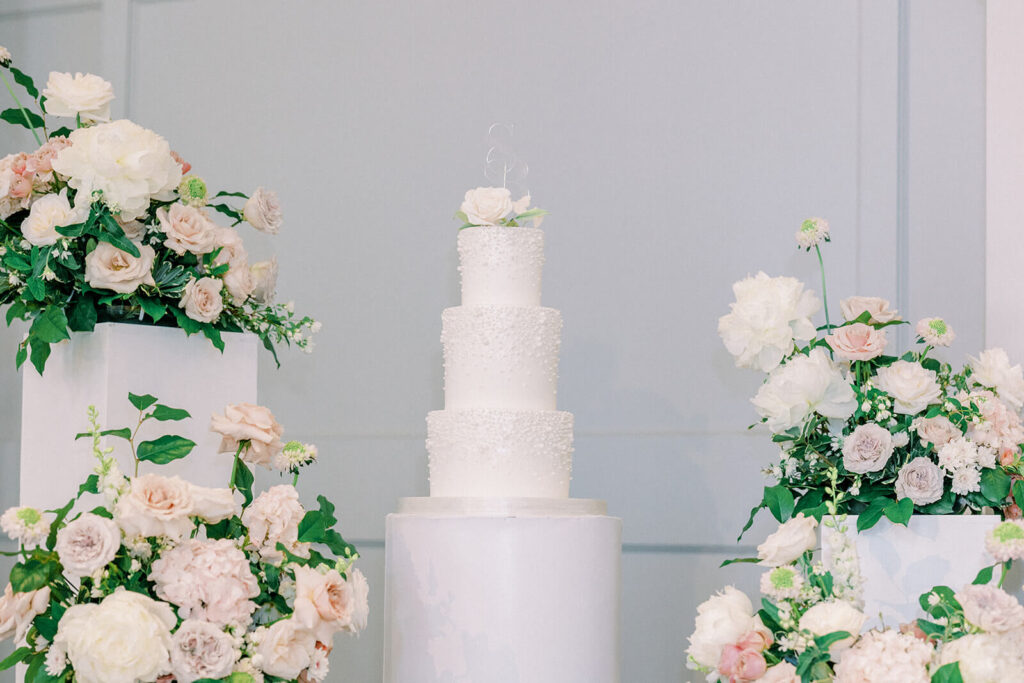 Wedding Cylinder Pedestal Display with White Cake at Westin Hotel Detroit