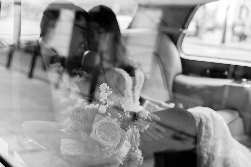 Westin Book Cadillac Detroit Wedding bride and groom antique car
