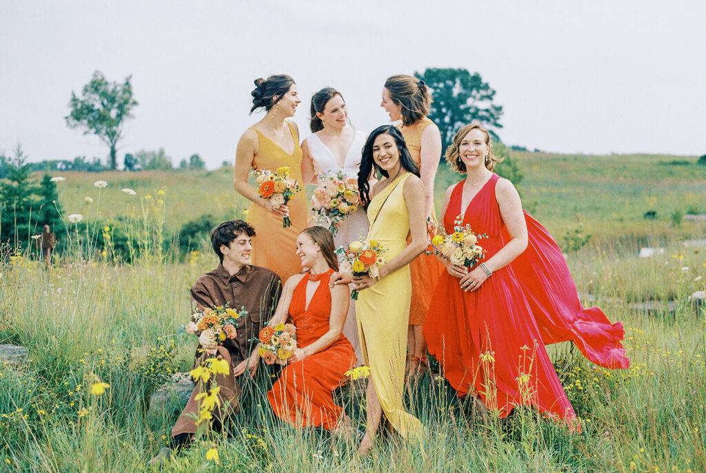 bride with bridesmaids and bridesman in multi-colored dresses2