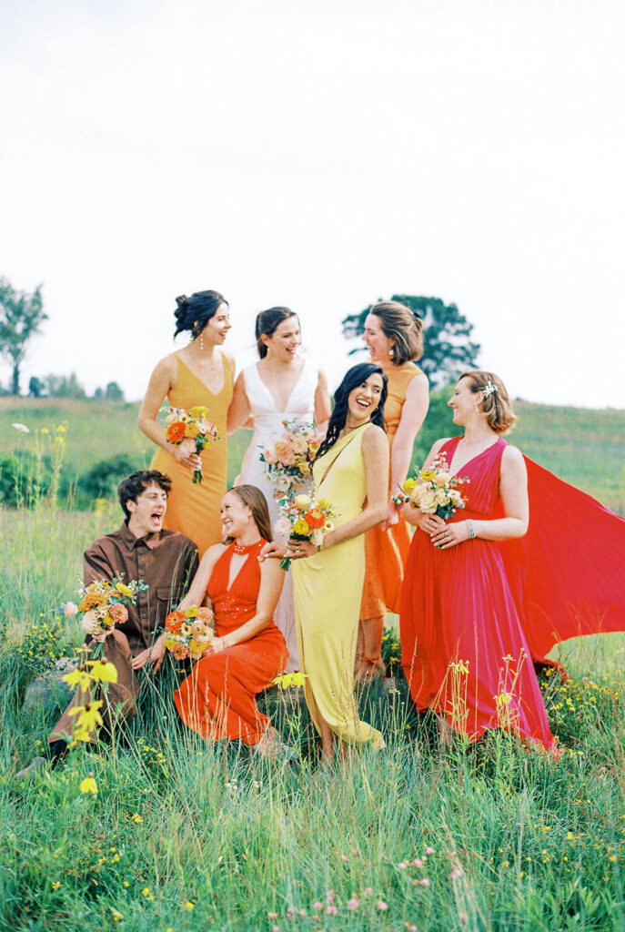 bride with bridesmaids and bridesman in multi-colored dresses3