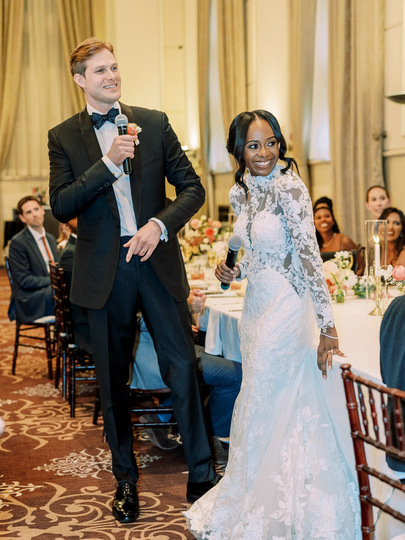 bride and groom giving toast during Saint John's Resort wedding reception