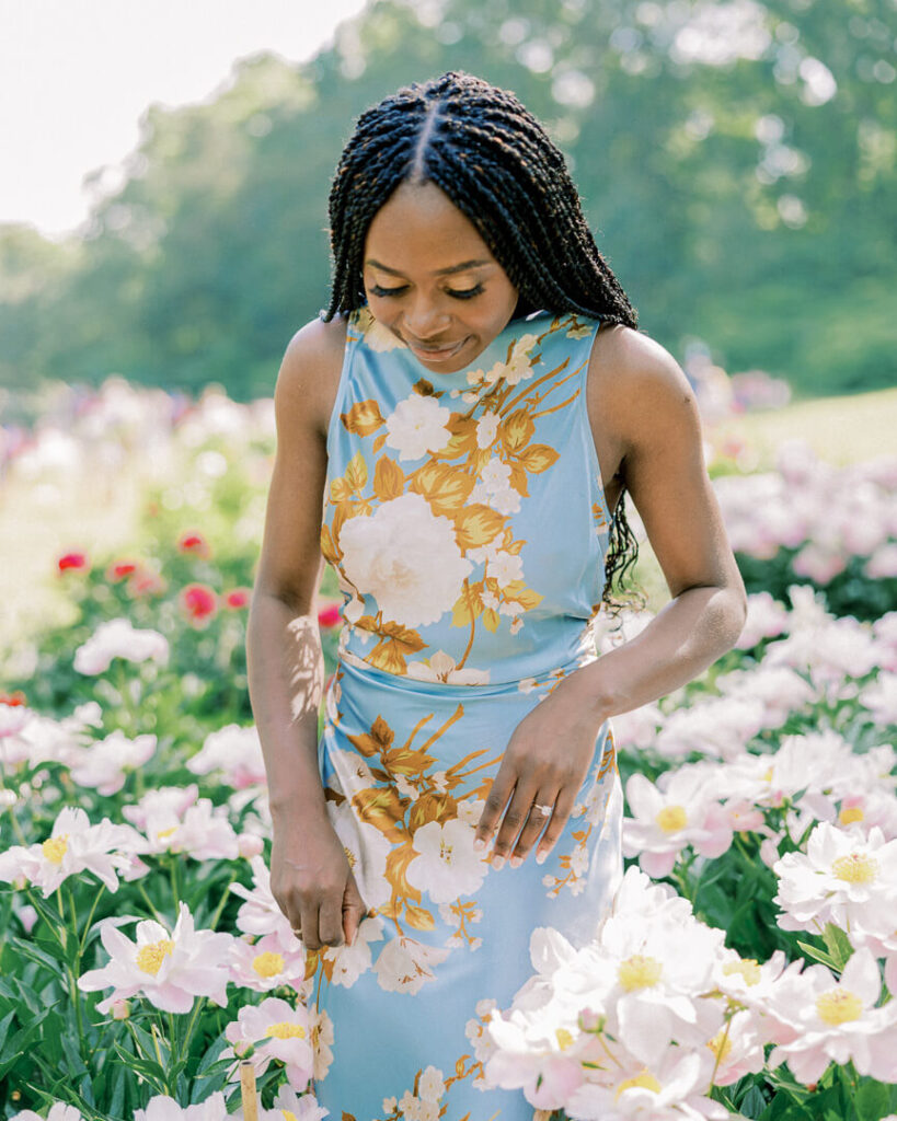 Reformation Casette Silk Dress in Blue and Gold Floral Peony Garden