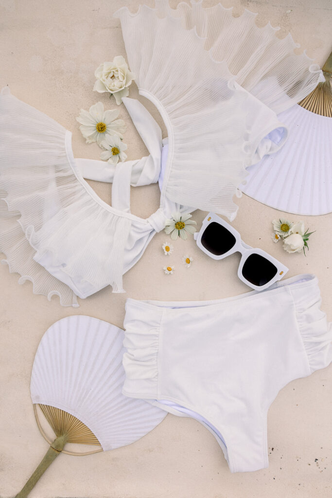 BRIDAL HIGHWAIST BIKINI with vintage sunglasses flatlay wedding details0