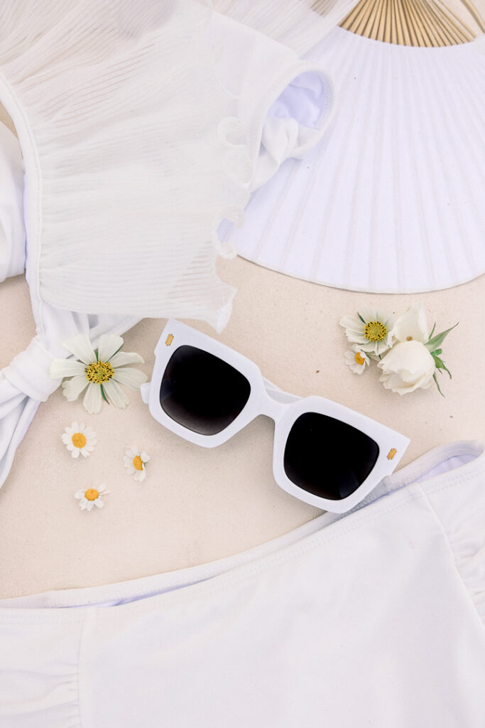 BRIDAL HIGHWAIST BIKINI with vintage sunglasses flatlay wedding details1