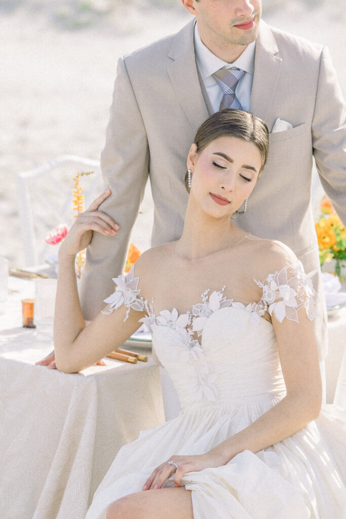 bride and groom portrait by reception decor omni Amelia Island Resort wedding2