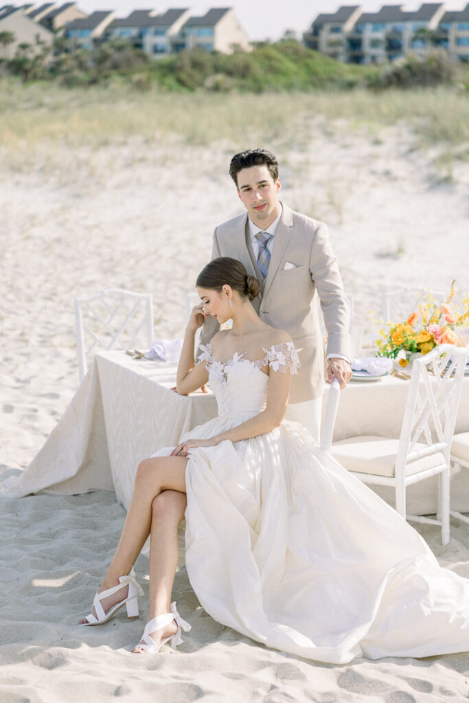 bride and groom portrait by reception decor omni Amelia Island Resort wedding4